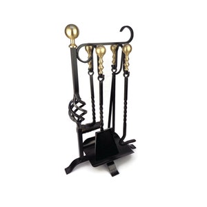 Antique Fireplace Tools Set, Fireplace Decor, Iron Fireplace Tools Set With Brass Handles