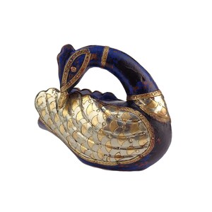 Vintage Wooden Swan Figurine With Brass Decoration, Handmade Swan Figurine
