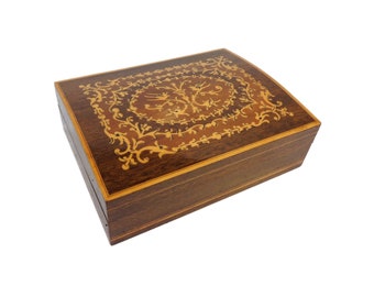 Joyero de madera vintage, joyero antiguo con incrustaciones