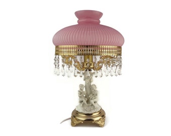 Italian Table Night Lamp, Angels Figurine Table Lamp, Pink Table Lamp Cased Glass Shade Signed Cesar Villari Capodimonte