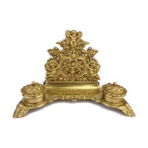 Antique Brass Inkwell, Engraved Brass Inkwell, Large Brass Inkwell