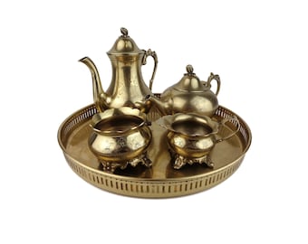 Service à thé et café en laiton antique avec plateau