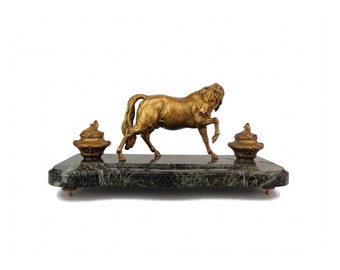 Antique Marble Inkwell With Horse Statue