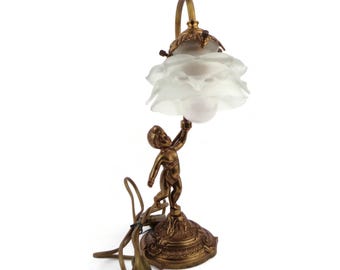 Antique Table Lamp, Vintage Brass Table Lamp, Night Light with Glass Shade