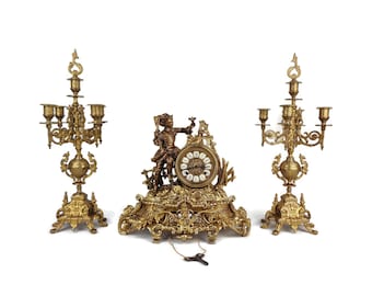 Antique Brass Mantel Clock and Candle Holders Set, Mantel Clock and Candle Holders Set, Mantel Table Clock With Candlesticks