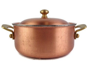 Vintage Copper Coating Cooking Pot with Lid Switzerland, Swiss Covered Copper Coating Cooking Pan With Brass Handles