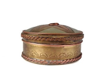 Antique Engraved Pill Box, 1930s Handmade Pill Box, Bronze Pill Box with Copper Decoration