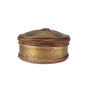 Antique Engraved Pill Box, 1930s Handmade Pill Box, Bronze Pill Box with Copper Decoration