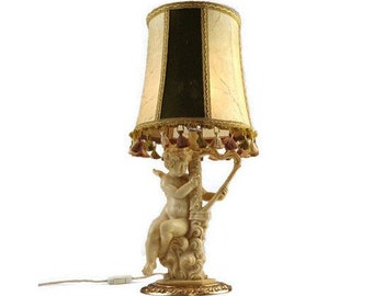 Antique Table Lamp With Green Beige Shade, Angel Statue Table Lamp, Cherub Statue Table Lamp