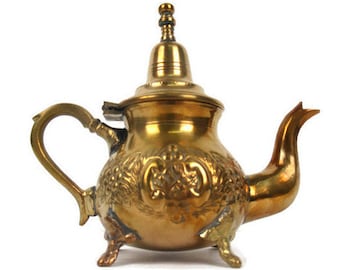 Vintage Moroccan Brass Teapot With Legs, Moroccan Brass Embossed Tea Pot