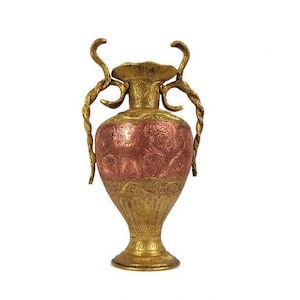 Engraved Copper Brass Vase, Antique Brass Copper Amphora Vase, Copper Brass Vase With Snake Shaped Double Handles
