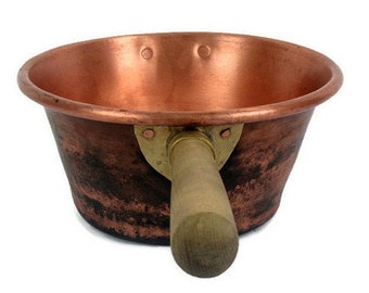 Large Copper Saucepan, Antique Solid Copper Pan With Wooden Handle