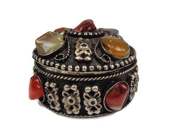 Antique Pill Box With Stones, Handmade Pill Box
