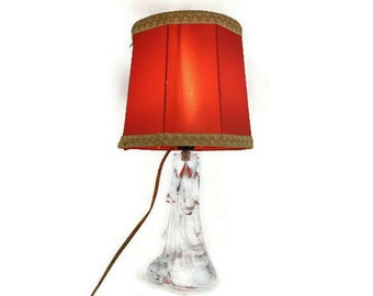 Antique Table Lamp With Red Shade, Vintage Glass Table Lamp, Mid Century Table Lamp