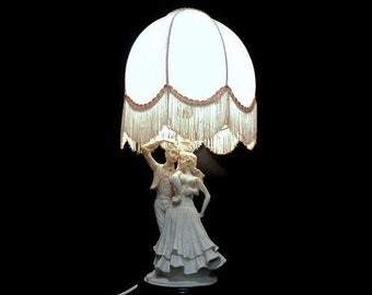 Antique Table Lamp With Beige Shade, Vintage Table Lamp With Resin Man and Woman Statues, Mid Century Table Lamp