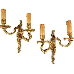 Antique Brass Sconces France, Pair Brass Wall Lamps
