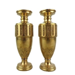 Antique Brass Vases Set, Pair Engraved Brass Vases