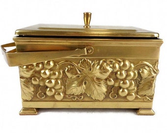 Vintage French Brass Food Box With Glass Container, Antique Embossed Brass Food Dish With Lid France