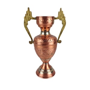 Antique Copper Amphora Vase With Brass Decoration, Vintage Copper Vase With Double Handles
