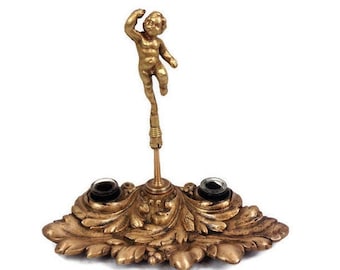 Antique French Bronze Inkwell With Cherub Decoration