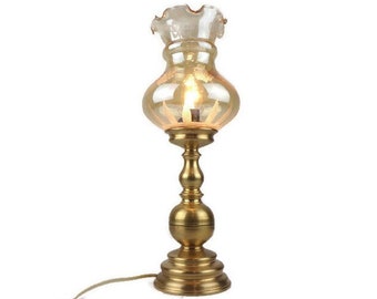Antique Table Lamp, Vintage Brass Table Lamp, Mid Century Table Lamp, Brass Night Lamp with Glass Shade