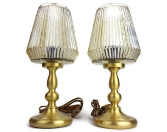 Antique Table Lamps Set, Vintage Brass Table Lamps Set, Mid Century Table Lamp, Pair Brass Night Lamp with Glass Shade