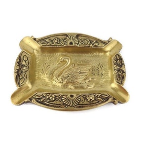 Posacenere in ottone vintage, posacenere a forma di cigno inciso