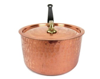 Large Copper Saucepan with Lid, Covered Copper Cooking Pan With Iron Handle