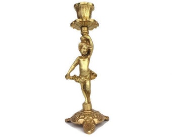 Antique Brass Angel Candle Holder, Cherub Brass Candlestick