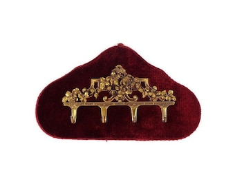 Antique Wall Key Holder with Red Velvet Base, Vintage Wall Key Display
