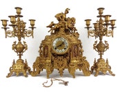 Antique Brass Mantle Clock and Candle Holders Set With German Mechanism, Art Nouveau Mantle Table Clock With Pair Candlesticks