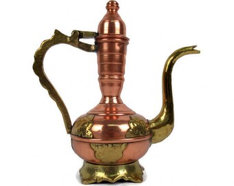 Antique Copper Teapot With Brass Decoration, Vintage Copper Brass Jug