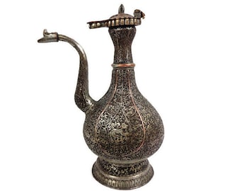 Antique Large Islamic Copper Pitcher, Arabic Hand Engraved Large Copper Vessel