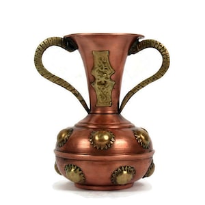 Antique Copper Amphora Vase With Brass Decoration, Vintage Copper Vase With Double Handles