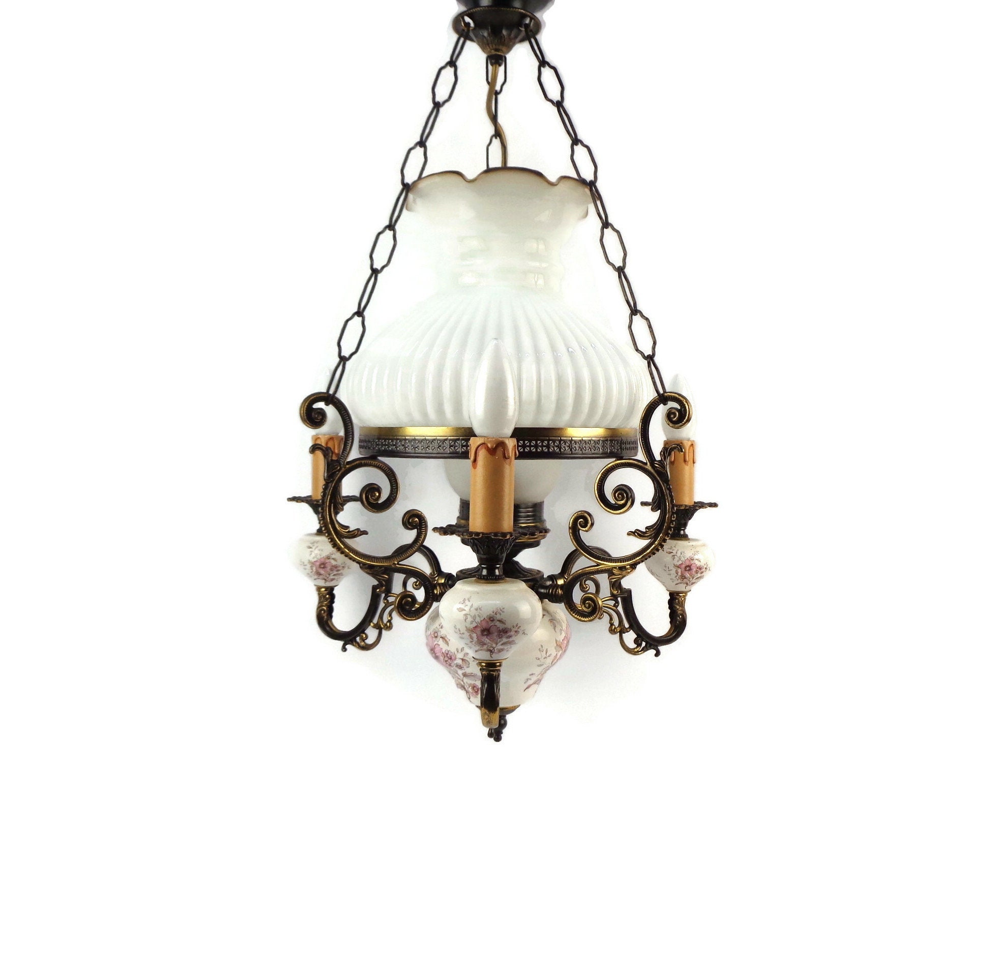 Antique Brass Chandelier With White Glass Shade, Vintage Hanging Lamp, Mid Century Chandelier