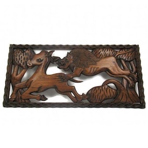 Large Wall Hanging Carved Picture Scene With Lion and Antelope, Carved African Hunting Animal Scene