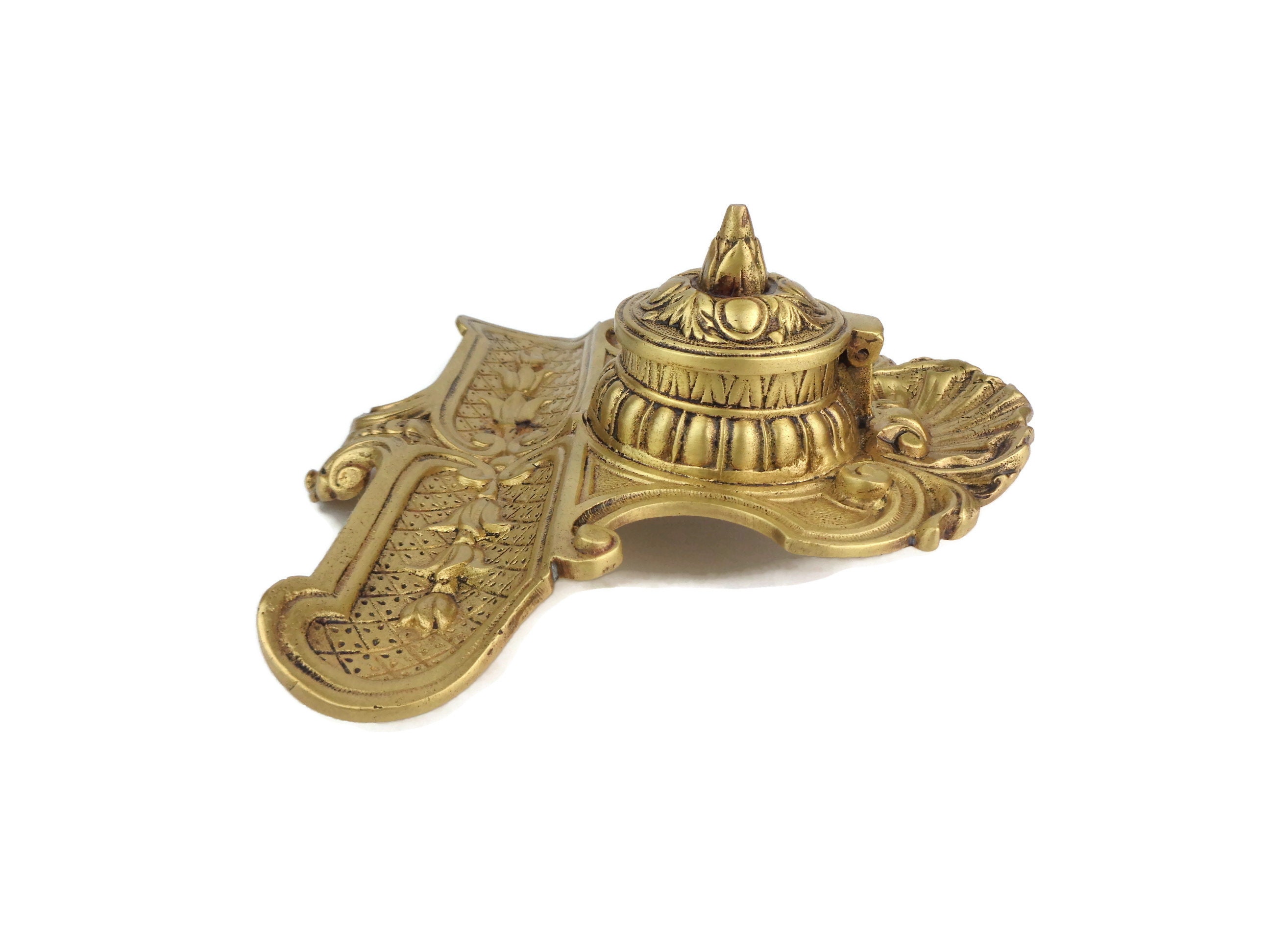 アンティーク真鍮インク壺、彫刻入り真鍮インク壺、フランス製真鍮