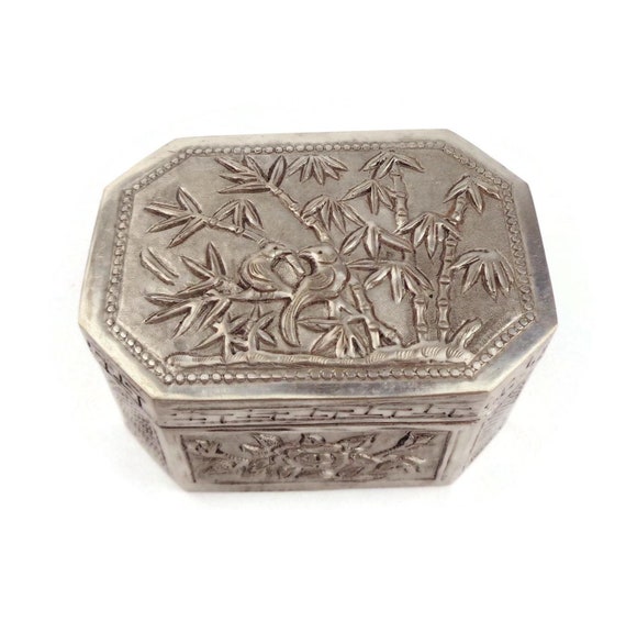 Antique Chinese Jewelry Box, Embossed Jewellery Box, Vintage Asian Snuff Box, Eastern Ornate, Marked Chinese Trinket Box