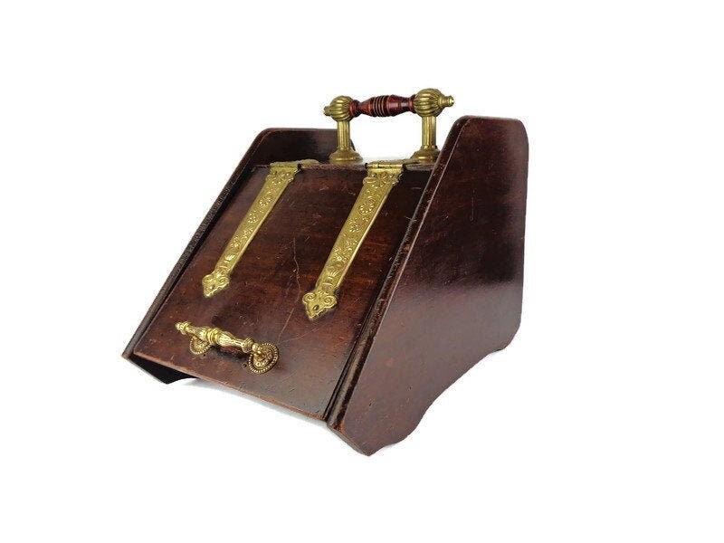 Antique Wooden Coal Scuttle With Shovel, Fireplace Coal Storage