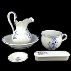 Antike handbemalte Badewanne Set, handgefertigte Keramik Badewanne Set, Becken, Nachttopf, Seifenschale, Vintage Badezimmer Zubehör, Bad Dekor