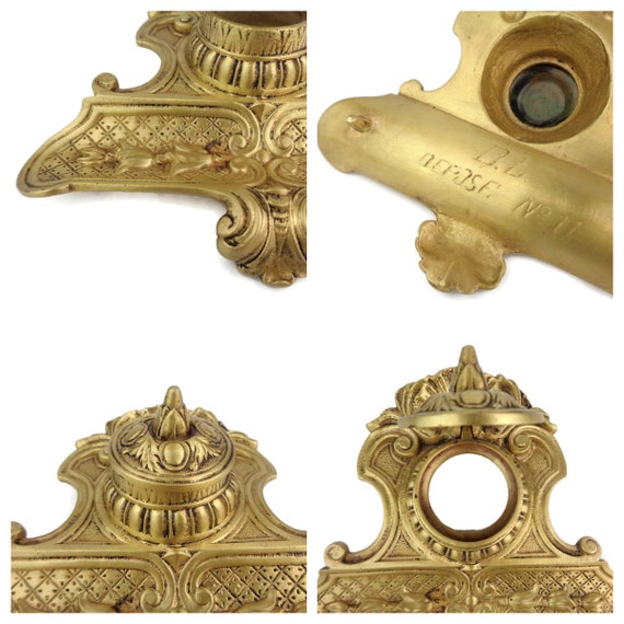 アンティーク真鍮インク壺、彫刻入り真鍮インク壺、フランス製真鍮