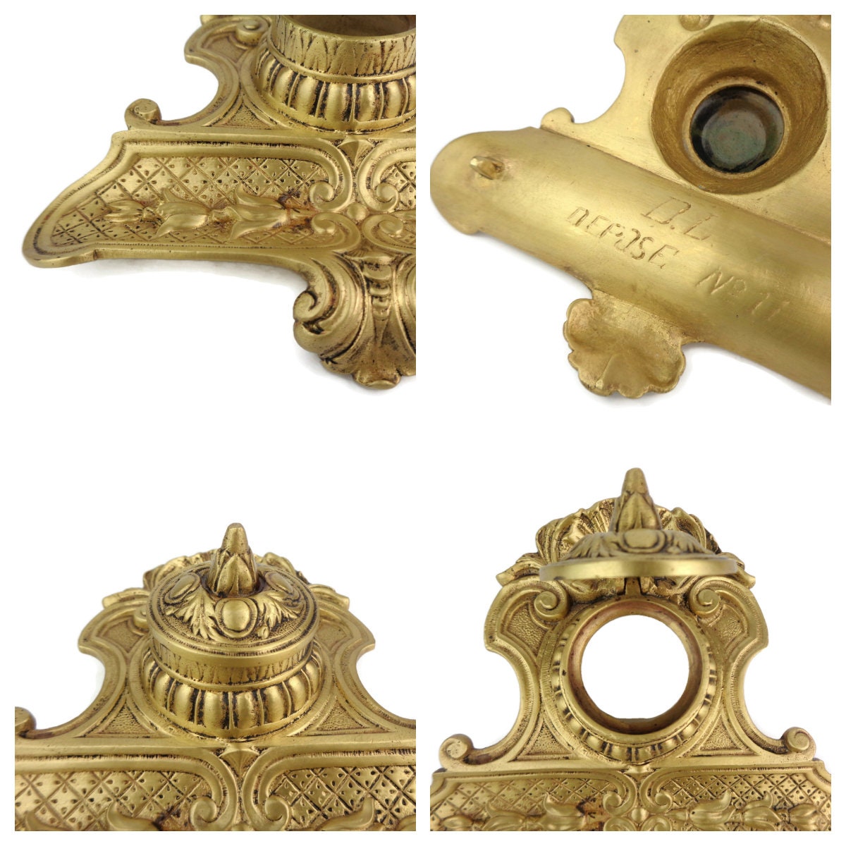 アンティーク真鍮インク壺、彫刻入り真鍮インク壺、フランス製真鍮