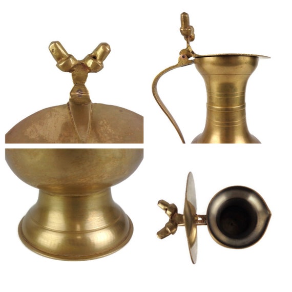 ヴィンテージ真鍮製水差し、蓋付き真鍮彫刻ピッチャー、蓋付き