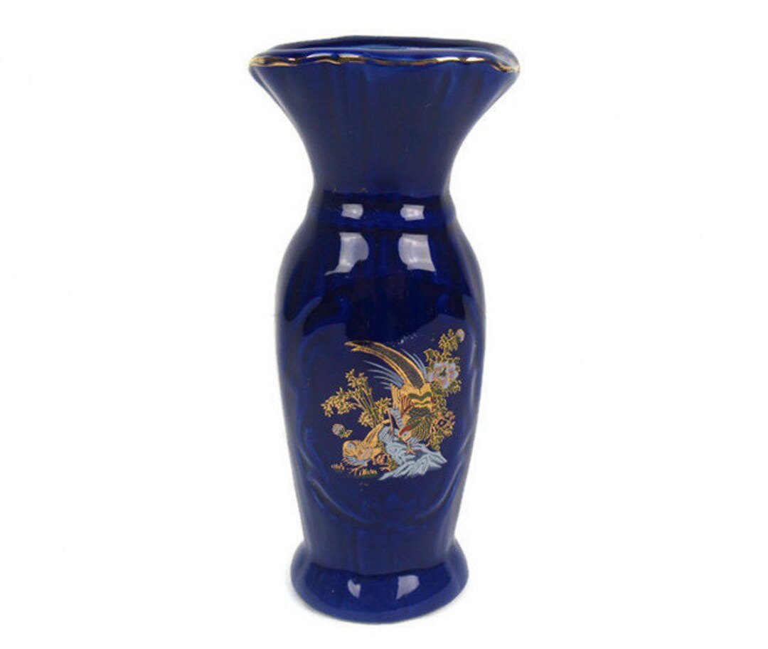 Vintage Handpainted Blue Ceramic Vase - Etsy