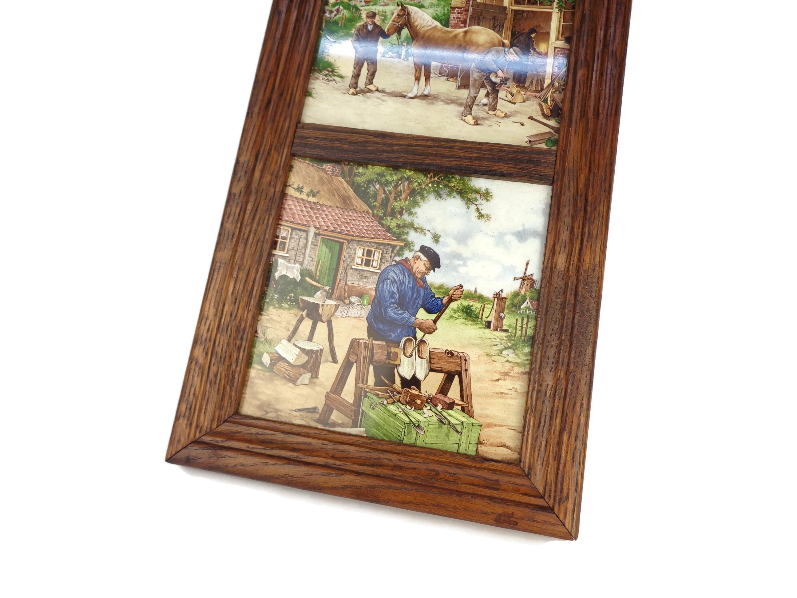 オランダ製 手描きタイル 木製フレーム付き ヴィンテージ フレーム付き Royal Schwabap オランダ タイル、木製