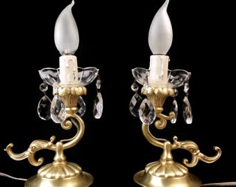 Antique Table Lamps Set, Vintage Brass Table Lamps, Mid Century Table Lamp, Pair Brass Night Lamp with Glass Pendants