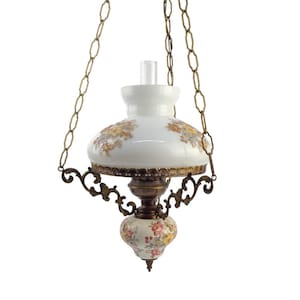 Antique Chandelier With White Glass Shade, Vintage Hanging Lamp, Mid Century Chandelier