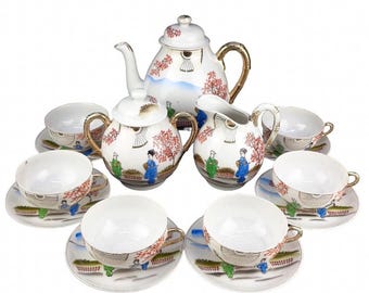 Juego de té y café de porcelana vintage, juego de té y café de porcelana japonesa, juego de té y café de porcelana pintada a mano de Japón