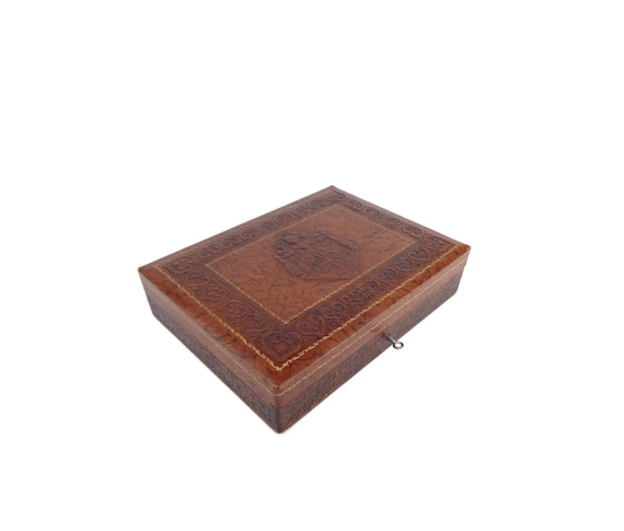 Boîte à Bijoux Vintage En Cuir Véritable - Sculptée - Marron - XXème Siècle - Bulgarie - Occasion