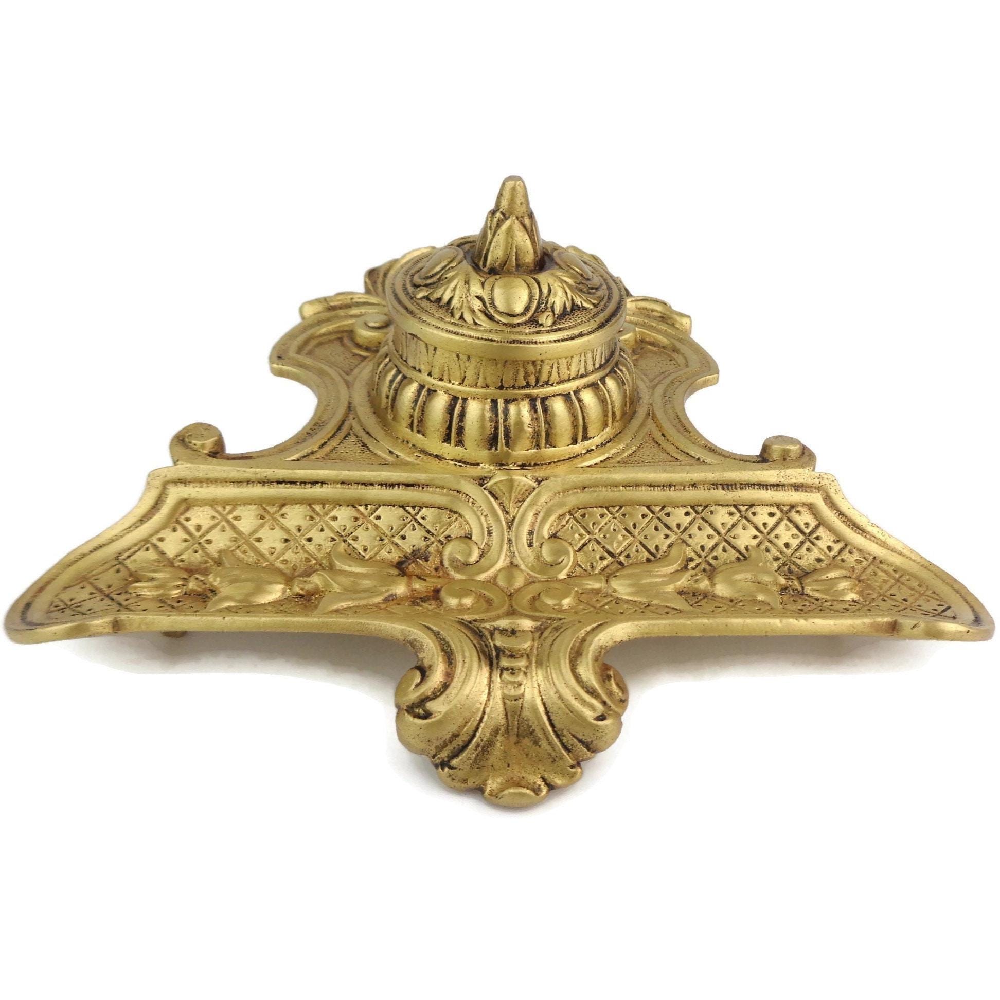 アンティーク真鍮インク壺、彫刻入り真鍮インク壺、フランス製真鍮